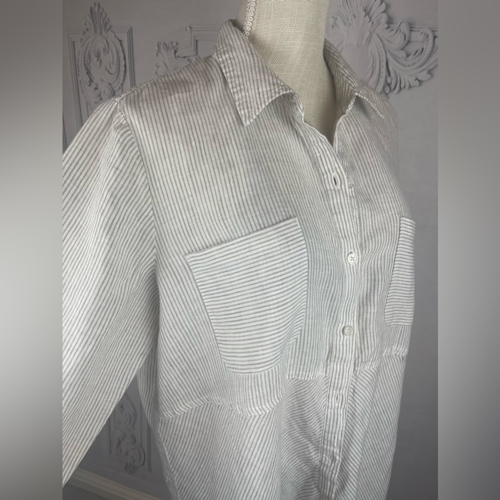 Sports Striped Button-Front Linen Shirt Button Cuff Long Sleeves Top - Picture 6 of 9